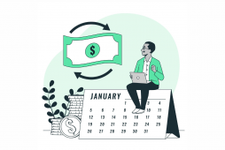 ilustração mostrando um calendário, um homem sentado em cima dele com um notebook, do lado do calendário, uma pilha de moedas e uma ilustração de nota de dinheiro, representando as despesas do início do ano