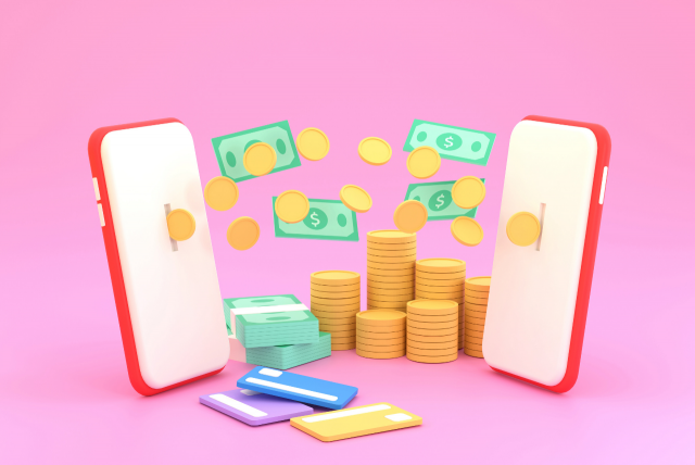 Dois smartphones lado a lado com moedas e notas sendo repassadas de um para o outro.