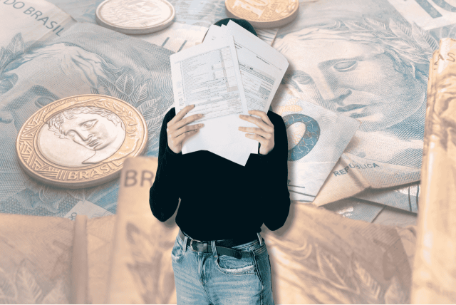 pessoa escondendo o rosto atrás de folhas de papel com informações por sonegar imposto
