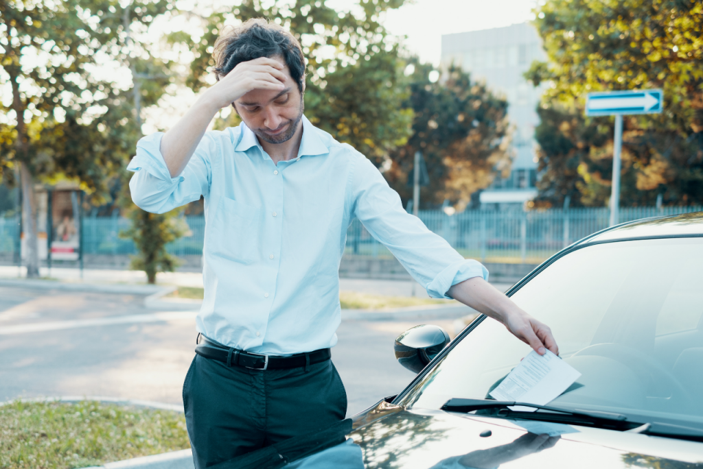 homem com expressão de preocupado ao lado de um carro para ilustrar como pagar multa com cartão de crédito