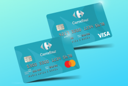 Imagem com o layout do cartão de crédito Carrefour Internacional em um fundo azul claro