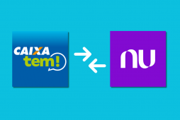 Logotipo Caixa Tem e logotipo Nubank em um fundo azul com setas apontando em ambas as direções