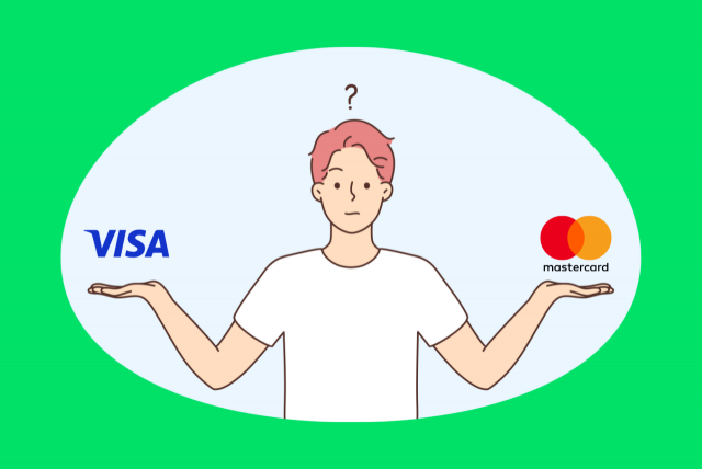 imagem com um fundo verde e uma ilustração de um homem com as mãos estendidas ao lado do corpo e com a palma pra cima. Na mão esquerda, ele mostra a bandeira Visa e, na direita, a bandeira Mastercard, para ilustrar o conteúdo sobre qual é a melhor bandeira: Visa ou Mastercard?