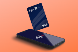 cartão digimais internacional sobre um celular em fundo laranja