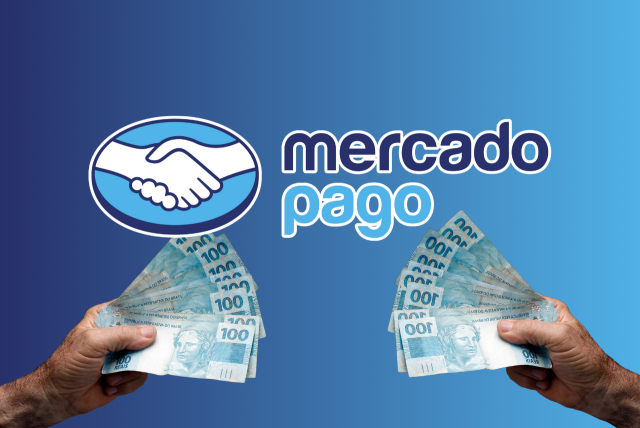 duas mãos segurando dinheiro do empréstimo pessoal mercado pago logotipo acima