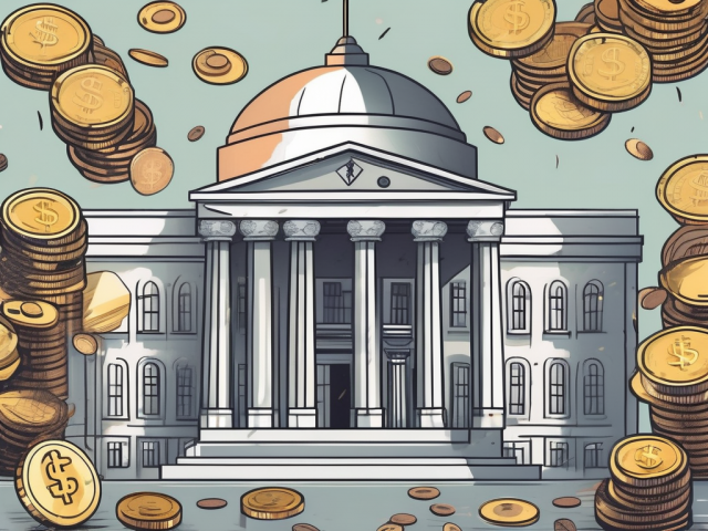 A government building with a safe overflowing with coins and banknotes