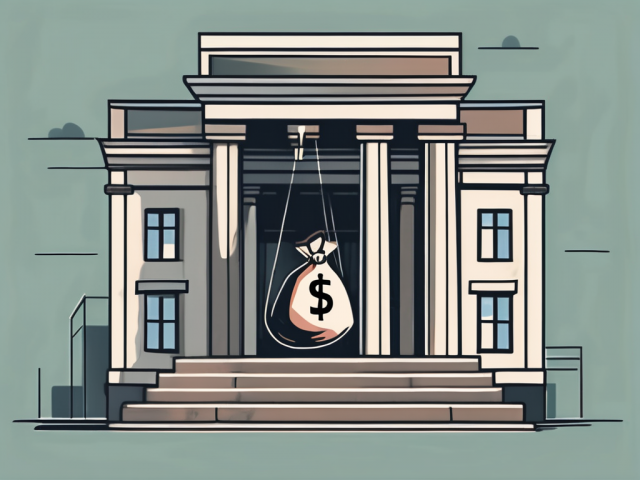 A bank building with a large scale balance in front of it