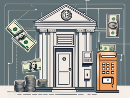 A bank building with various symbols of loans like currency notes