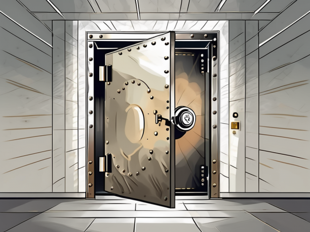 A bank vault door slightly ajar with light shining through