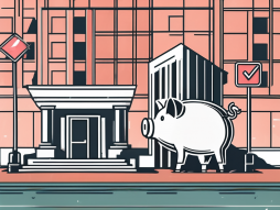 A bank building with a symbolic arrow pointing downwards to a piggy bank