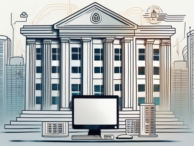 A computer with a bank building on the screen