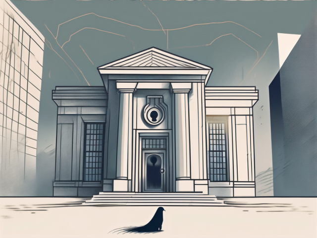 A bank building with a key entering a keyhole
