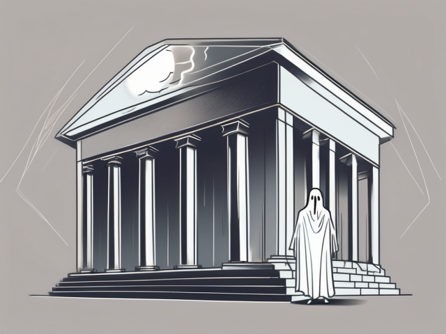 A closed bank with a ghostly figure hovering above it
