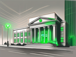 A bank building with a glowing green light emanating from the entrance