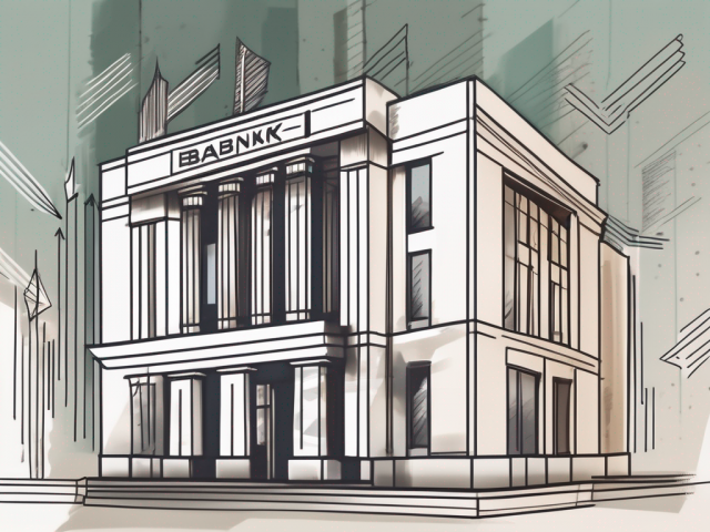 A bank building with arrows indicating movement