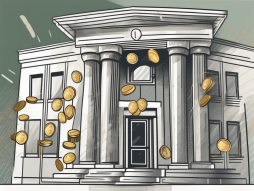 A bank building with a deposit slot and a flow of coins and banknotes entering it