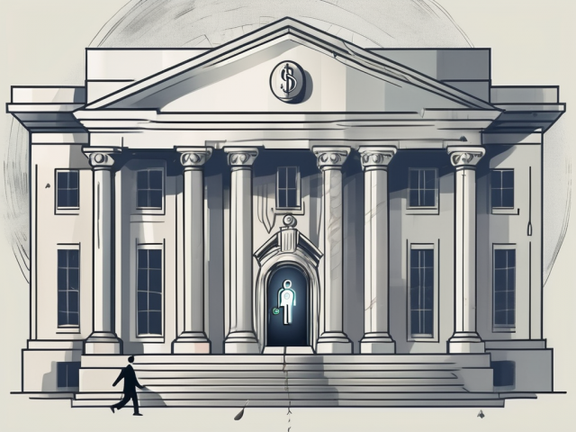 A bank building with a symbolic ghostly figure floating above it