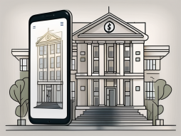A traditional bank building and a smartphone