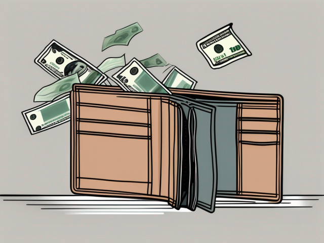 A wallet with various bills flying out of it