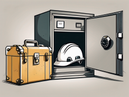 A closed bank safe with a worker's helmet and briefcase beside it