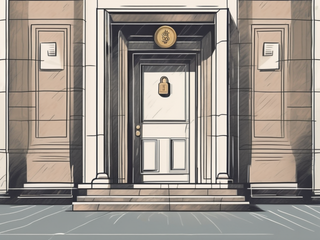 A bank building with a closed door and a symbolic representation of a salary