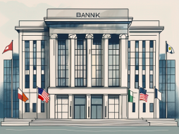 A bank building with international flags around it