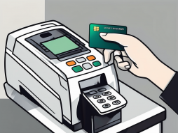 A savings account card being inserted into a debit card slot on a digital payment terminal