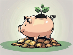 A piggy bank sitting on a pile of coins