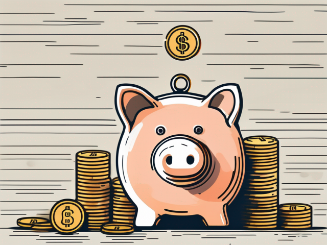 A piggy bank next to a stack of coins