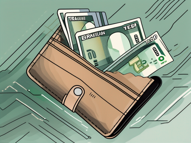 A wallet with brazilian currency notes and a digital screen displaying a transaction in progress