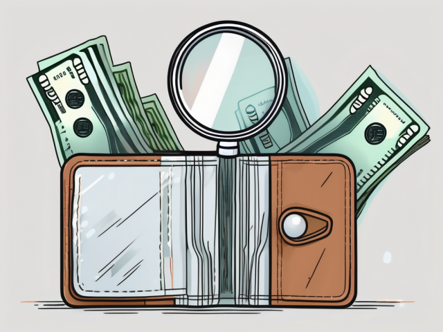 A wallet with money disappearing into thin air and a credit card with a magnifying glass hovering over it
