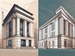 A traditional bank building on one side and a digital representation of a bank on the other side