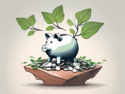 A piggy bank sitting on a table with a tree growing from it