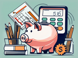 A piggy bank on a desk surrounded by accounting tools like calculator
