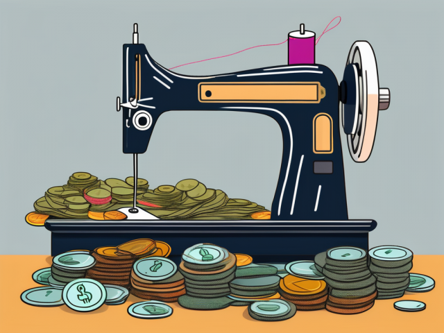 A sewing machine with a pile of colorful fabrics and threads on one side