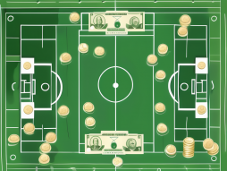 A soccer field with various dollar bills and coins scattered around