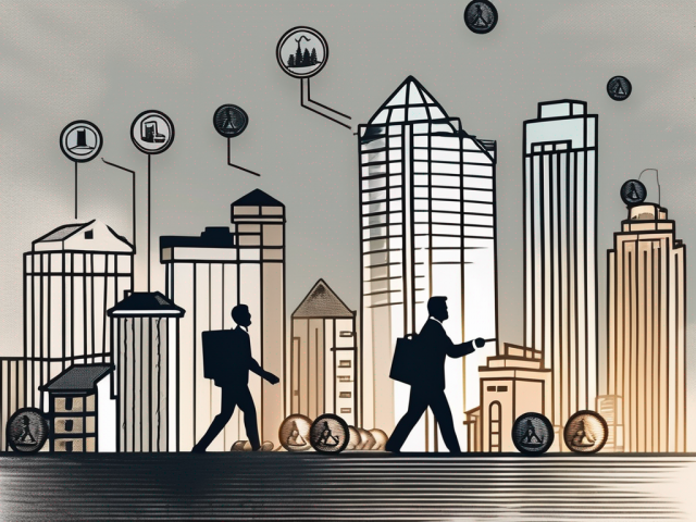 A person's silhouette pointing towards various types of real estate properties such as a house