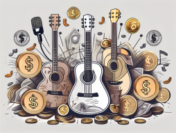A guitar and a microphone surrounded by various symbols of currency