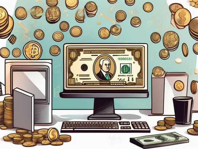 A computer surrounded by various symbols of wealth such as coins