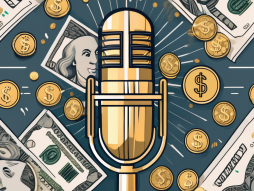 A microphone surrounded by various symbols of wealth