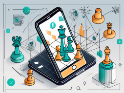 A smartphone displaying the telegram app with various symbols of money and strategy icons like chess pieces