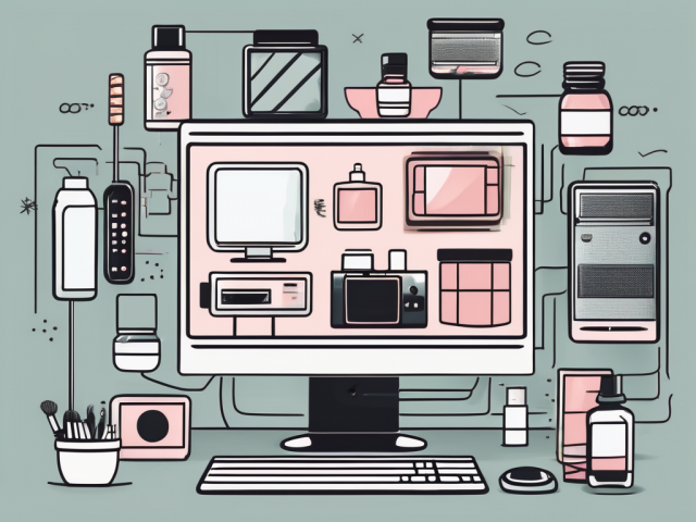 A computer with various products like electronics