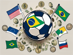 A soccer ball surrounded by various international currency symbols