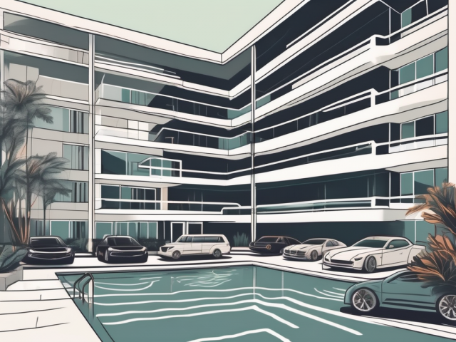 A condominium complex with signs of prosperity such as luxury cars in the parking lot