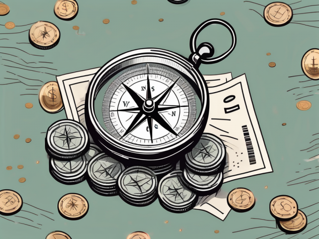 A compass on top of a stack of coins and bills
