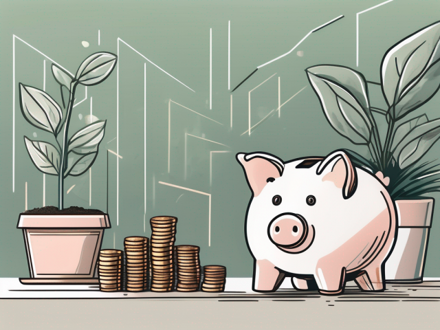 A piggy bank on a table with a few coins scattered around it