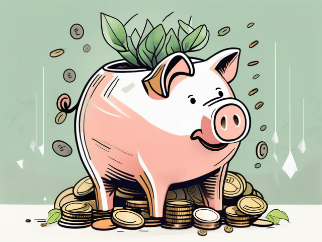A piggy bank surrounded by coins and bills