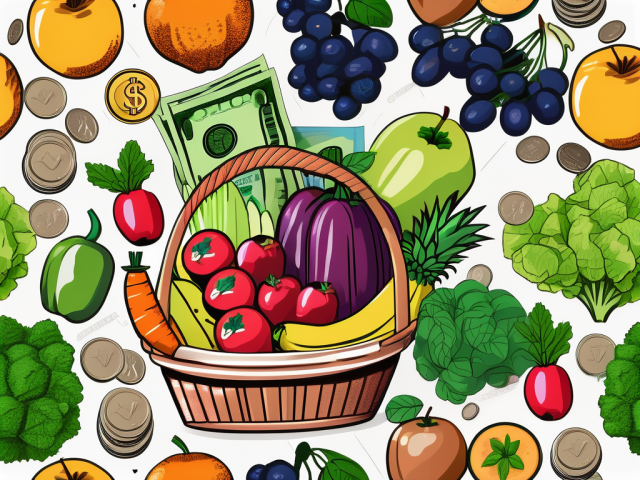 A variety of colorful and fresh fruits and vegetables arranged in a shopping basket