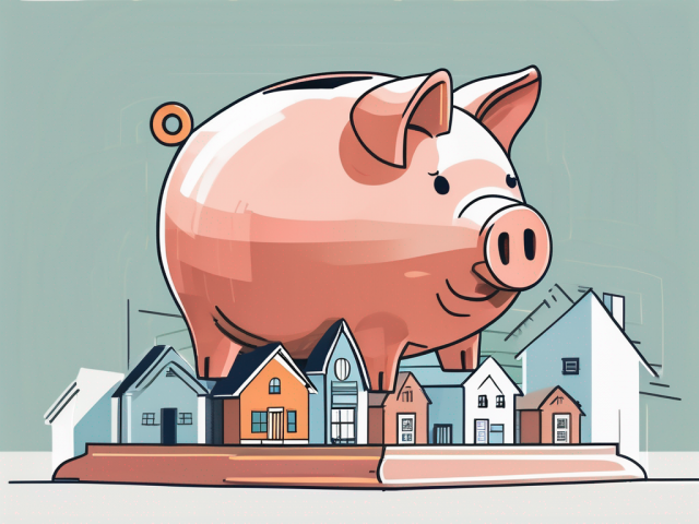 A piggy bank placed on a higher pedestal compared to other objects like a house