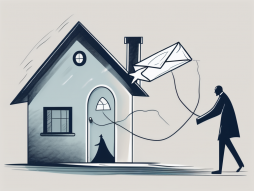 A ghostly figure passing a large envelope symbolizing tax return to a symbolic representation of a house